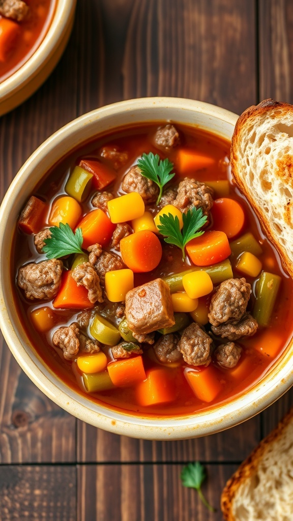 A bowl of hamburger vegetable soup with ground beef, carrots, green beans, and corn, garnished with parsley, on a rustic table with bread.